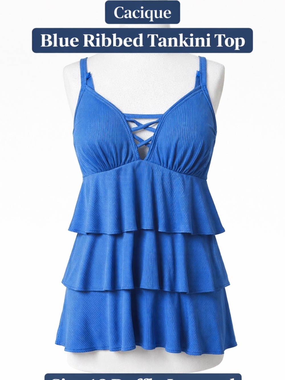 Cacique Blue Ribbed Tankini Top Size 16 Ruffle Layered Flowy Swim Top